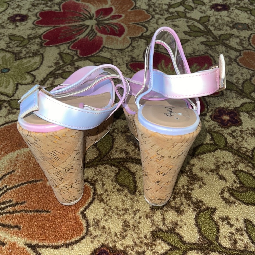 Qupid Pink Blue Tie Dye Clear Double Strap Wedges
